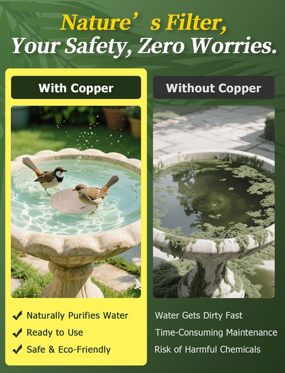 🥇PolarPosh™ 99.99% Pure Copper Bird Bath Disk — Keep Your Birdbath Clean Naturally, All Season Long! No Chemicals, No Hassle.